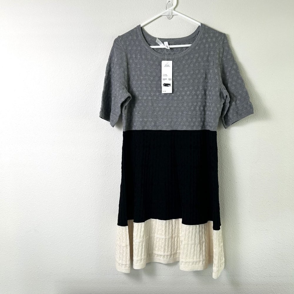NY Collection Sweater Dress Womens Petite L PLโ Gray Black Ivory Colorblock NWT